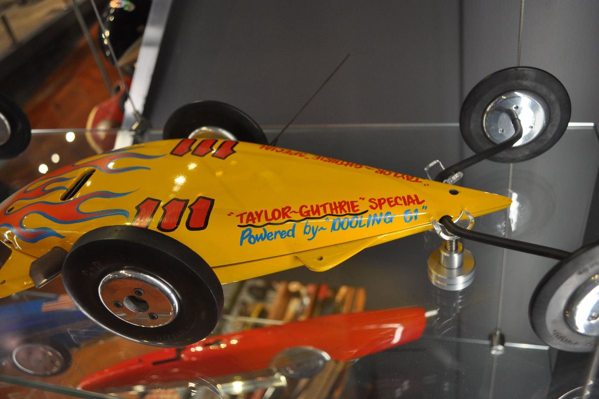 The “Taylor-Guthrie Special” Teardrop Streamliner Gas-Powered Racing Tether Car was built in 1949 by Ray Guthrie and Everett Taylor. The Spokesman-Review reported that Guthrie was the president of the Inland Empire Miniature Car Association and Taylor was the state director for the International Miniature Racing Association. It’s one of about 75 tether cars currently on display at the Henry Ford Museum of American Innovation in Dearborn, Mich.  (JONATHAN BRUNT/THE SPOKESMAN-REVIEW)