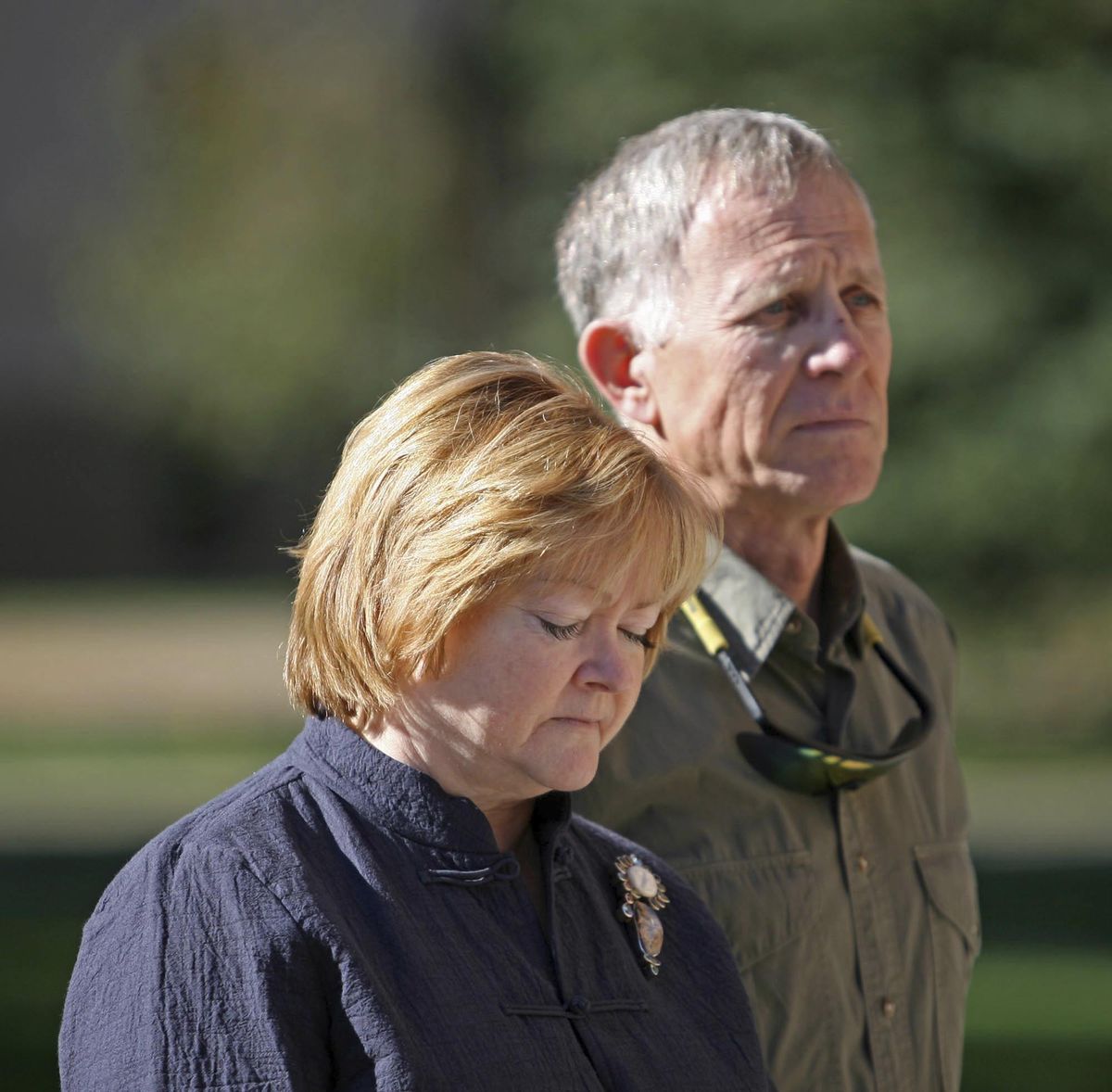 In this Sept. 27, 2008, file photo, Judy and Phillip Shepard, parents of the late Matthew Shepard, listen to University of Wyoming president Tom Buchanan during a dedication of the Matthew Shepard Memorial Bench in Laramie, Wyo. The ashes of Matthew Shepard, whose brutal murder in the 1990s became a rallying cry for the gay rights movement, were laid to rest Friday morning, Oct. 26, 2018, in Washington National Cathedral. For Shepard’s remains for 20 years had been kept by his family in Wyoming, where the 21-year-old college student was killed in 1998. (Andy Carpenean / Associated Press)