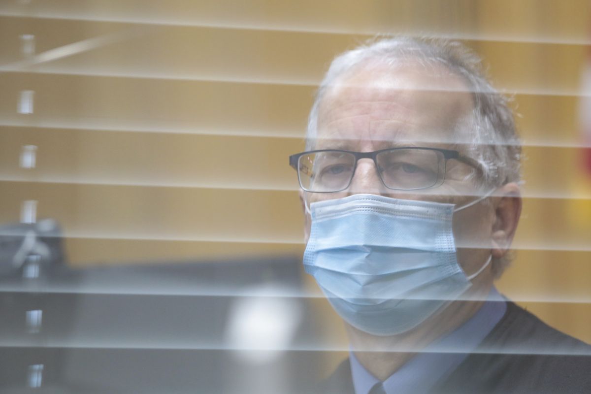 Judge Joel Tingey reads from the plea agreement during the plea hearing of Brian Dripps at the Bonneville County Courthouse on Tuesday, Feb. 9, 2021. Dripps plead guilty to the rape and murder of Angie Dodge in 1996.  (John Roark)