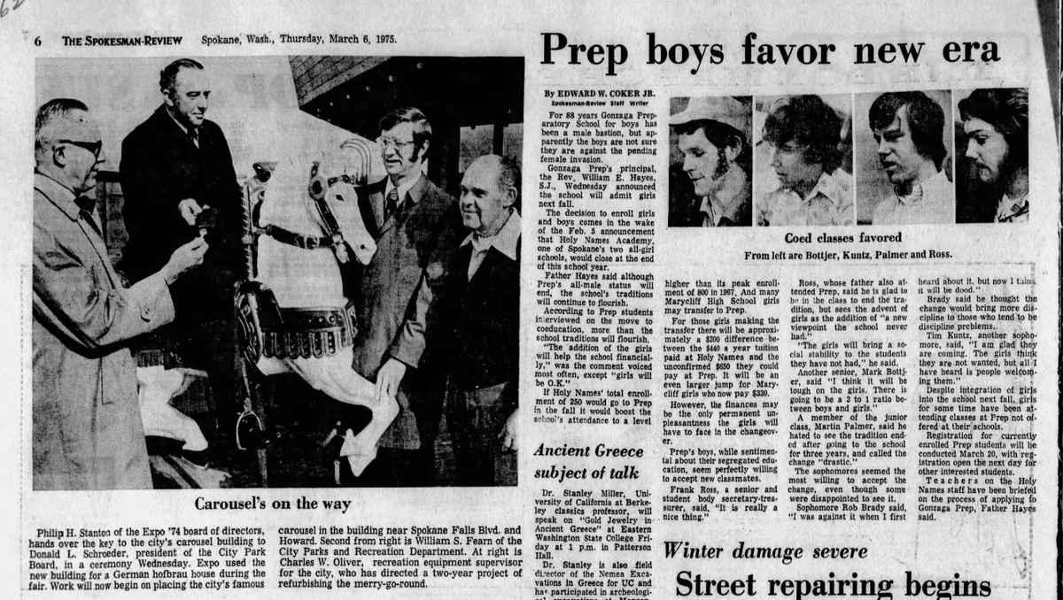 Boys at Gonzaga Prep were reacting to the news that it would admit girls starting at the start of the next school year, The Spokesman-Review reported on March 6, 1975. (Spokesman-Review archives)