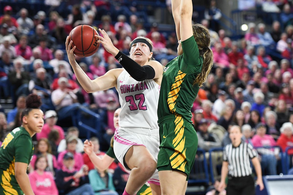 Gonzaga Bulldogs guard Jill Townsend (32) drives to the hoop and shoots against the San Francisco Donsduring the first half of a college basketball game on Thursday, February 13, 2020, at McCarthey Athletic Center in Spokane, Wash. (Tyler Tjomsland / The Spokesman-Review)