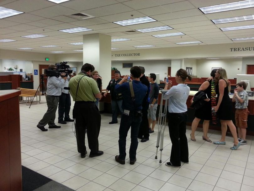 This is the scene at the Ada County Courthouse, at the marriage license counter, as people wait for news on whether or not marriage licenses for same-sex couples can be issued in Idaho before the close of business today. (Phil McGrane)