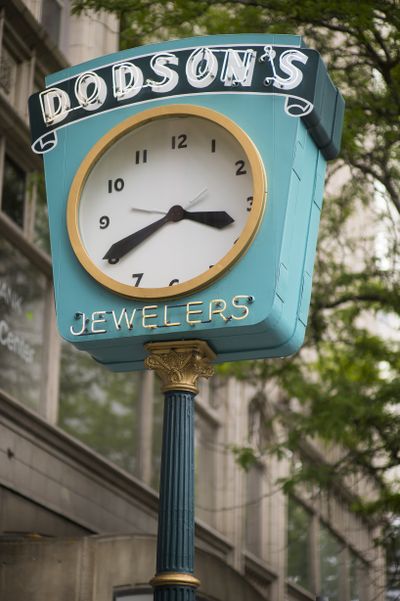 The Dodson’s Jewelers clock sits at 516 W. Riverside Ave., near the store. (Colin Mulvany)