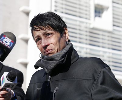 Evelyn Rodriguez, mother of Kayla Cuevas, 16, who was brutally slain in 2016 allegedly by members of the MS-13 street gang, stops to talk members of the press gathered outside U.S. District Court on March 2, 2017, in Central Islip, N.Y. Rodriguez, who was recognized by President Donald Trump at the State of the Union after he daughter was murdered, was struck and killed by a car at her daughter’s memorial on Friday, Sept. 14, 2018. (Kathy Willens / Associated Press)