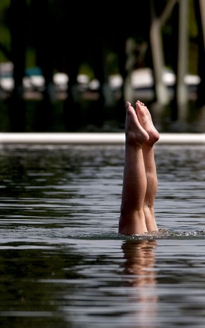 Toes out of water: Eleven-year-old Annabelle Heun, of Helena, does a handstand in the Spokane River at Q’emiln Park in Post Falls on Tuesday. (Kathy Plonka)