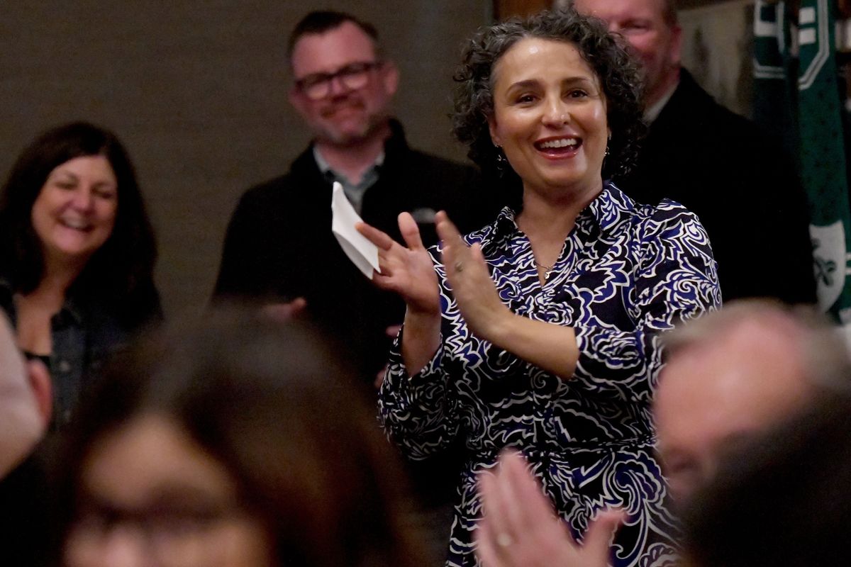 Spokane School Board President Nikki Otero Lockwood gives a speech before the results for a levy-bond during the election party O’Donnell’s American Grill in Spokane on Tue, Feb 13, 2024.  (KATHY PLONKA/THE SPOKESMAN-REVIEW)