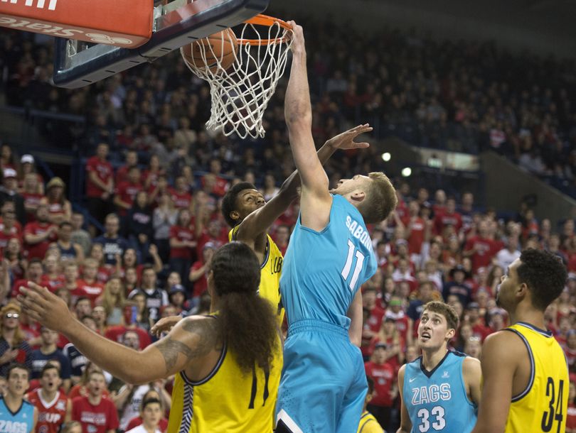 Gonzaga’s Domantas Sabonis (11) dunks on Northern Arizona, Nov. 18, 2015, at the McCarthey Athletic Center. (Dan Pelle / The Spokesman-Review)