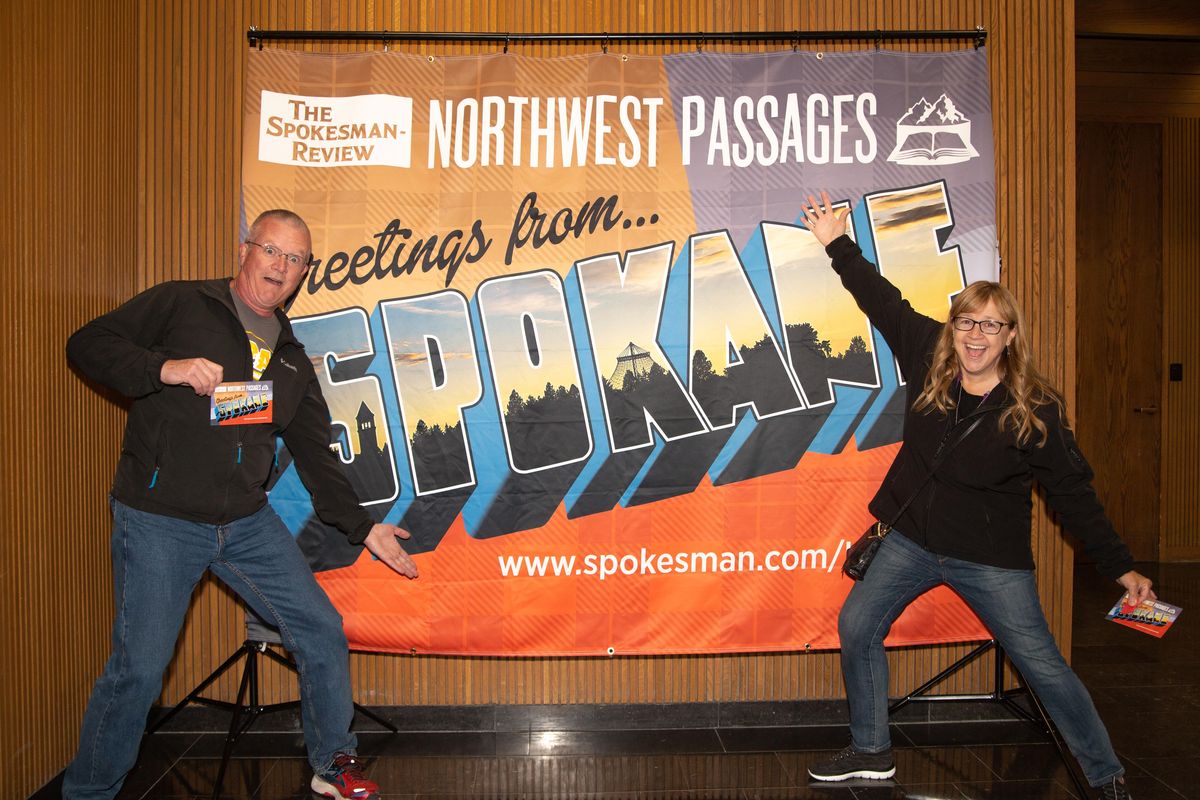 Top left: Gene Lewan and Maureen Benz pose Wednesday  for a Northwest Passages event. Top right: Lenny and Tricia Bart toast. Bottom left: Renee Reisman and Dani Wurst embrace. Bottom right: Left, to right, Royce Gorseth, Annette Gorseth, Micki Hill and Ken Hill smile for the camera. (Libby Kamrowski / The Spokesman-Review)