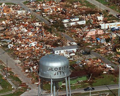 This Aug. 25, 1992, photo shows the water tower, a landmark in Florida City, Fla., still standing after the coastal community was hit by Hurricane Andrew. (Associated Press)