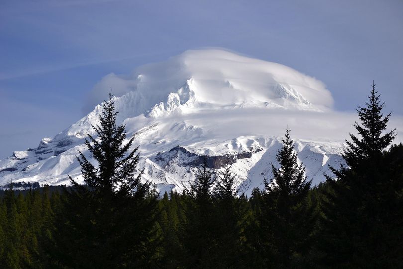 The dormant 11,245 foot volcano Mount Hood dominates the horizon in Northeastern Oregon. The territory surrounding the mountain offers outstanding recreational pursuits year round. (Timberline Lodge Mount Hood, Oregon)