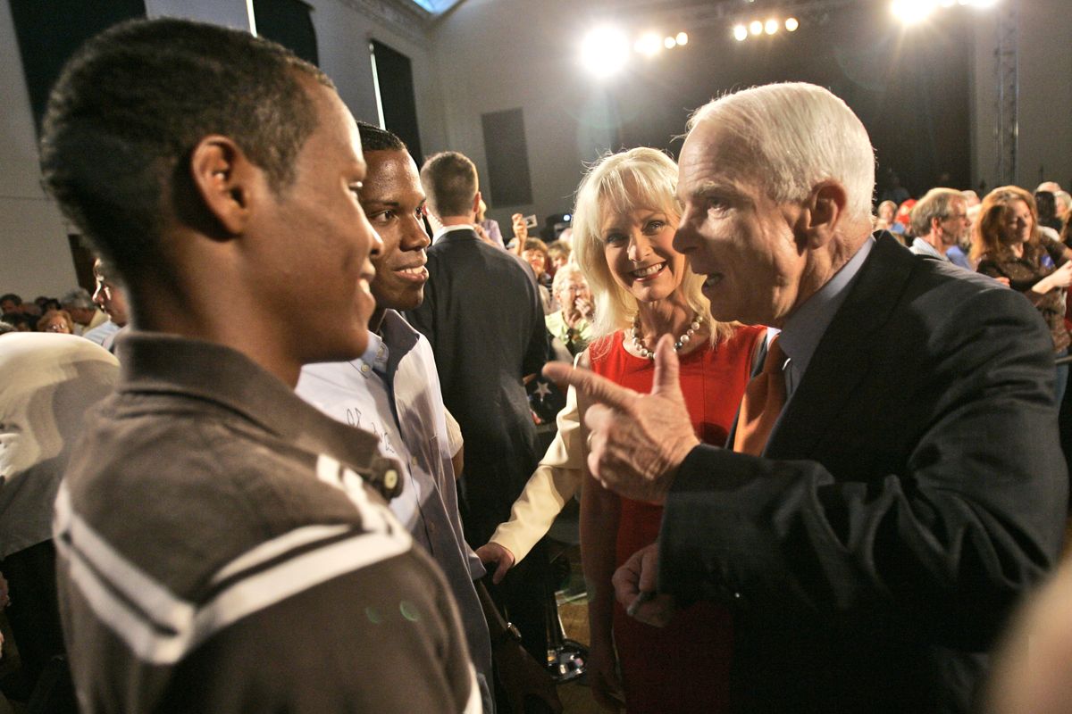 Sen. John McCain, R-Ariz., and his wife, Cindy, greet the crowd after a campaign rally Thursday in Racine, Wis. (Mary Altaffer / The Spokesman-Review)