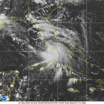 This Saturday, Sept. 12, 2020 image provided by NOAA shows the formation of Tropical Storm Sally. Tropical Storm Sally has formed off south Florida, becoming the earliest 18th-named tropical storm on record in a busy Atlantic hurricane season. (HOGP)