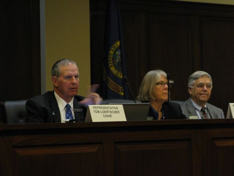 House Ethics Committee members Tom Loertscher, left, chairman, Wendy Jaquet, vice-chair, and Bill Killen, wait on Friday morning for Rep. Phil Hart to arrive. (Betsy Russell)