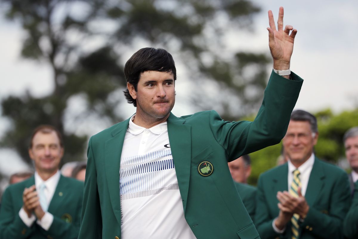 Bubba Watson models the green jacket for a second time in three years after winning the Masters by three strokes on Sunday. (Associated Press)