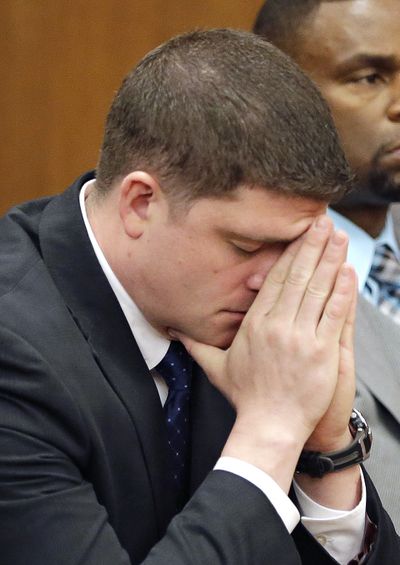 Michael Brelo reacts during the reading of the verdict in his trial Saturday in Cleveland. (Associated Press)