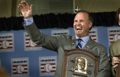 
Spokane native Ryne Sandberg, who grew up on the North Side, spots a friendly face among the thousands of onlookers in Cooperstown, N.Y., after being inducted into the Baseball Hall of Fame on Sunday. 
 (Brian Plonka photos/ / The Spokesman-Review)