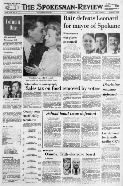 November 9, 1976. Bair defeats Leonard for mayor of Spokane. Newcomers win places on council. Spokane voters Tuesday elected former television newscaster Ron Bair to succeed David H. Rodgers as mayor. Roger K. Anderson, J. Robert Andren and Martha T. Shannon also appeared to have won positions on the Spokane City Council, according to unofficial election returns. Incumbent Cy Geraghty apparently was defeated. With all precincts counted, Bair led Mrs. Leonard by a vote of 26,775 to 21,155, nearly a 12 percent margin. (Spokane Daily Chronicle Archives)