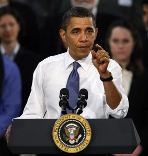 President Barack Obama gestures as he argues for health care reform at Arcadia University in Glenside, Pa. He’ll speak on the same topic today in Missouri. (Associated Press)