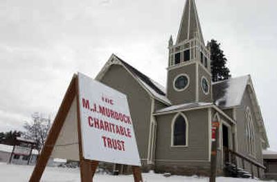 
A sign thanking the M.J. Murdock Charitable Trust sits outside The Old Church community arts center in Post Falls, which received a $150,000 grant to finish refurbishing the historic building into an arts center. 
 (Jesse Tinsley / The Spokesman-Review)