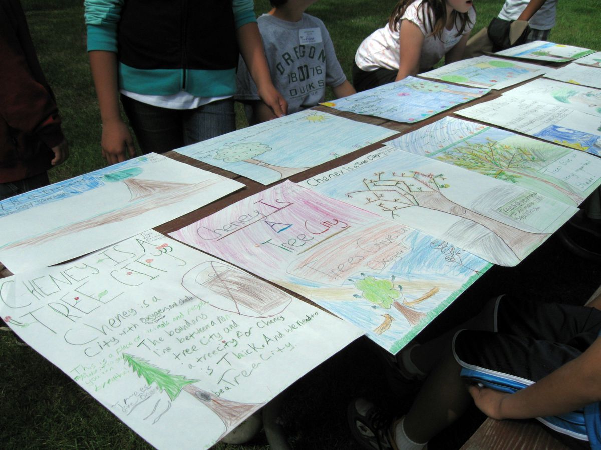Kelly Fitzgerald’s fourth-grade class at Reid Elementary School made posters to display at Cheney’s tree planting ceremony on May 29. The city aims to become an officially recognized Tree City USA. (The Spokesman-Review)