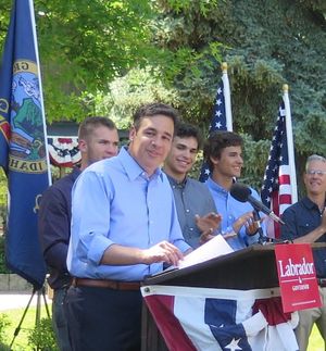 Idaho GOP Rep. Raul Labrador, surrounded by family members and supporters, launched his campaign for governor of Idaho on Tuesday in Boise at the home of his wife’s parents. (Betsy Z. Russell / SR)