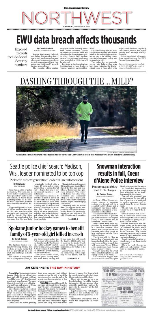 Northwest Front Page for Dec. 21, 2024 The SpokesmanReview