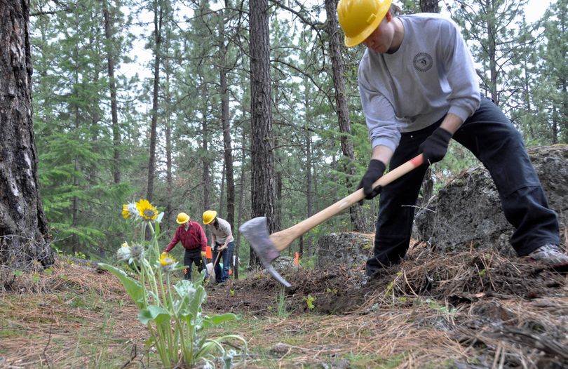 Gonzaga University student Derek Desrosier works a Pulaski on a trail in the Dishman Hills Natural Area in a project organized by the Dishman Hills Conservancy on April 21. He was among about 200 volunteers who showed up to help create a series of new trails. (Rich Landers)
