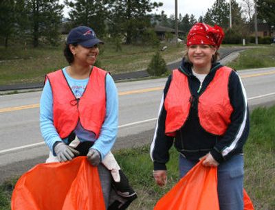 
Wendy Booker, left, and Joanna Valli picked up litter in Rathdrum with their daughters on Earth Day. 
 (Photo courtesy of Mary Jane Honegger / The Spokesman-Review)