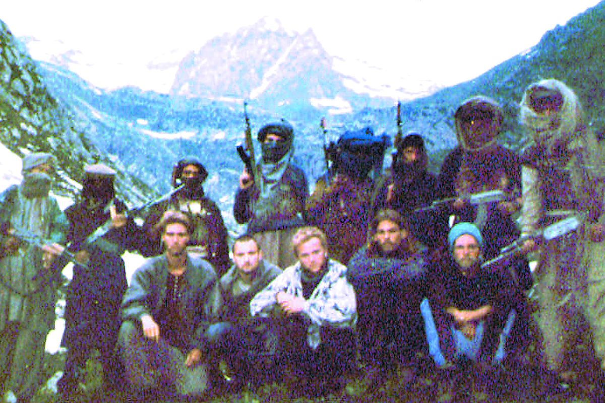 This photograph released to the Associated Press on July 12, 1995, shows five hostages held by armed members of a Kashmir Muslim ethnic militant group in the mountains south of Srinagar, India. From left are Keith Mangan, of Middlesbrough, England; Dirk Hasert, of Erfurt, Germany; Hans Christian Ostro, of Oslo, Norway; Paul Wells, of London; and Donald Hutchings, of Spokane.