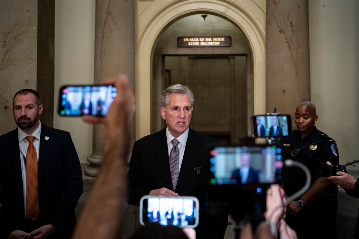 House Speaker Kevin McCarthy, R-Calif., speaks to reporters at the Capitol in Washington, on Oct. 2, 2023. McCarthy faces a major test of his leadership in the days ahead, after one of his loudest Republican critics in the House promised to try to remove him from his post.  (Haiyun Jiang/New York Times)