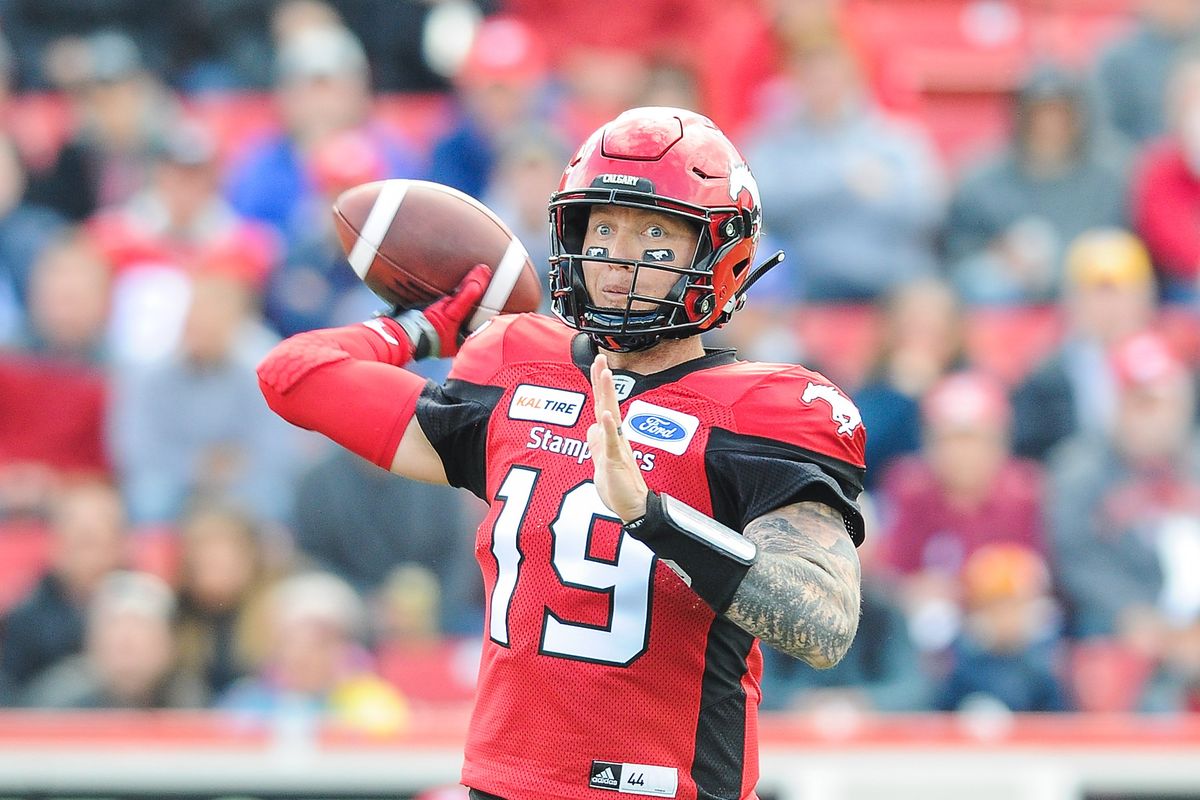 Former EWU standout Bo Levi Mitchell throws while playing for the Calgary Stampeders on June 16, 2018. A backup last season, Mitchell is returning to a starting role with the Hamilton Tiger-Cats.  (Getty Images)