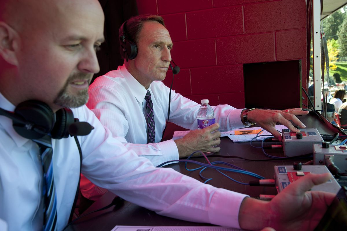 Sam Adams, left, and Mike Peterson call the Whitworth football game against Chapman at the Pine Bowl last Saturday. (Dan Pelle)