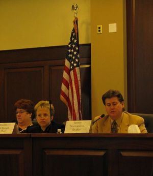 Joint budget committee members Sens. Joyce Broadsword, Shawn Keough and Dean Cameron listen to presentations in Boise on Thursday. (Betsy Russell)