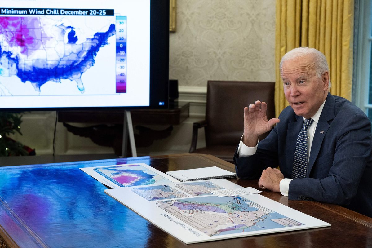 President Joe Biden speaks during a briefing on the winter storm system traversing the U.S. and the expected impacts, in the Oval Office of the White House in Washington, D.C., on Dec. 22, 2022.   (Brendan Smialowski/GETTY IMAGES NORTH AMERICA/TNS)