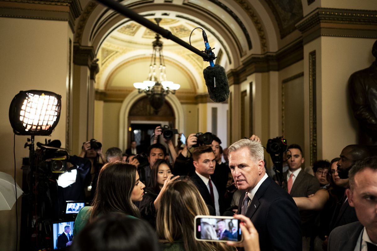 House Speaker Kevin McCarthy (R-Calif.) speaking to reporters at the Capitol, in Washington on Saturday, Sept. 30, 2023. House Republican leaders scrambled on Saturday to push through a last-ditch proposal to avoid a disruptive shutdown, springing a new plan to keep government funding flowing for 45 days on lawmakers just hours before funding for federal agencies would lapse. (Haiyun Jiang/The New York Times)  (HAIYUN JIANG)