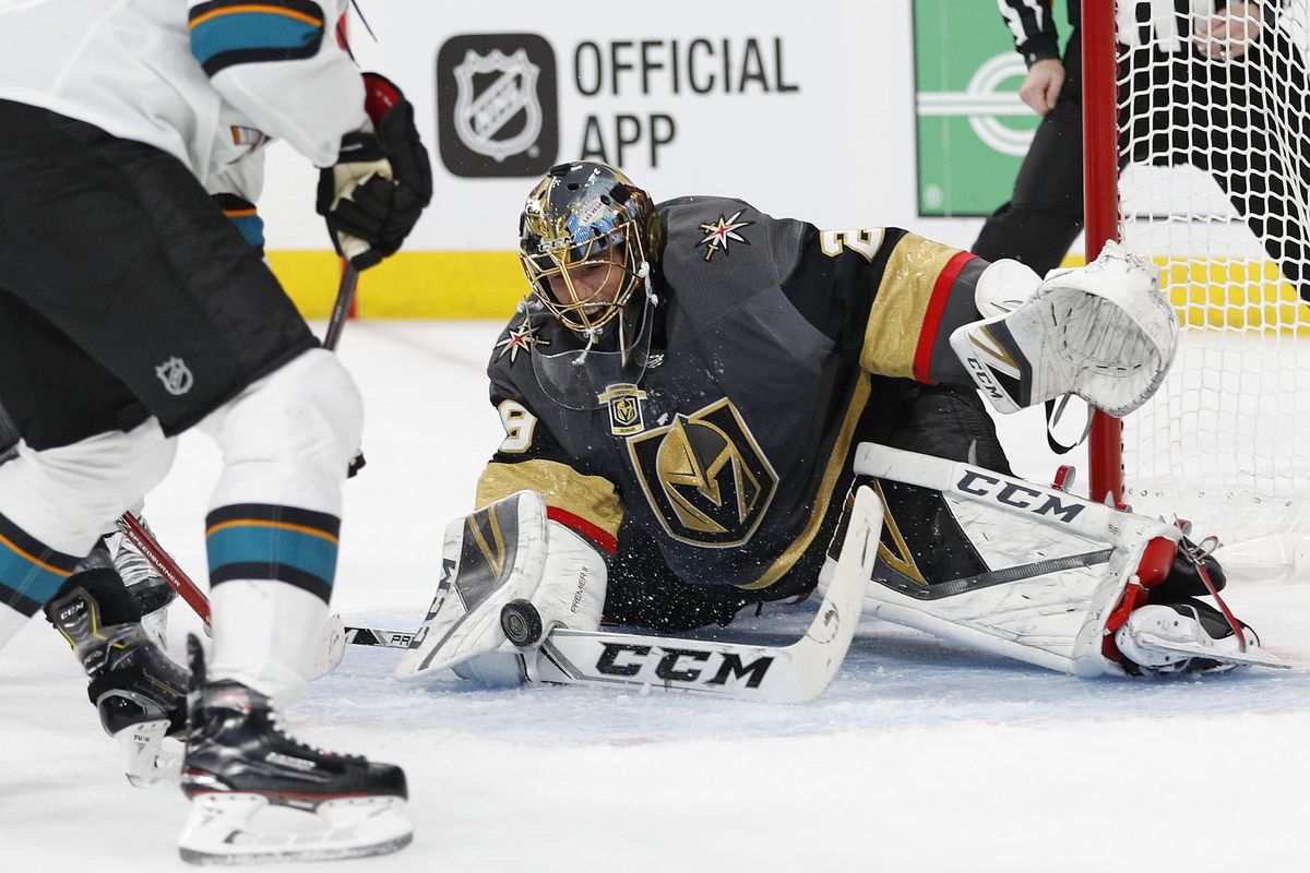 Vegas Golden Knights goaltender Marc-Andre Fleury (29) blocks a shot by the San Jose Sharks during the first period of Game 1 of an NHL hockey second-round playoff series, Thursday, April 26, 2018, in Las Vegas. (John Locher / Associated Press)