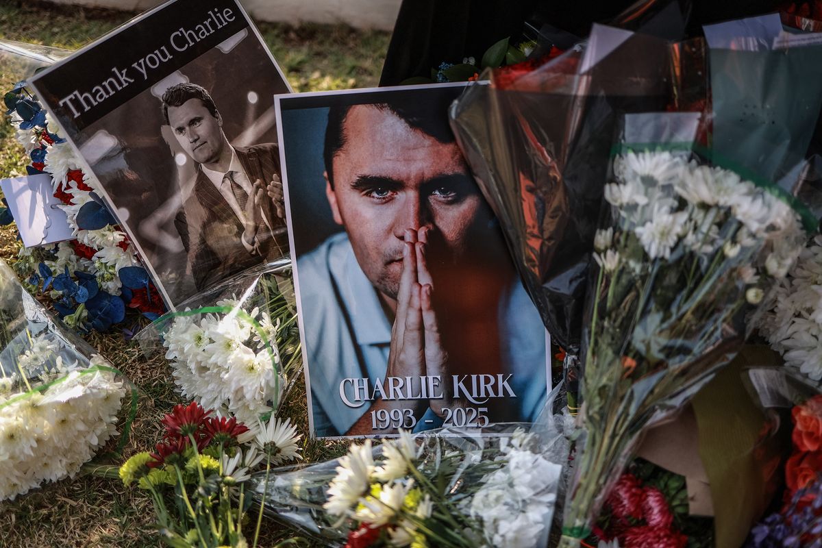 A general view of a wreath laid by mourners outside the US Embassy in Pretoria on Sept. 11, 2025, following the fatal shooting of US youth activist and influencer Charlie Kirk while speaking during an event at Utah Valley University in Orem, Utah.   (Phill Magakoe/AFP/Getty Images North America/TNS)