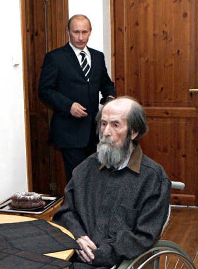 Russian President Vladimir Putin visits Alexander Solzhenitsyn, 88,  in  the outskirts of Moscow on Tuesday to give the formerly exiled Nobel laureate  an award for humanitarian achievement. 
 (Associated Press / The Spokesman-Review)