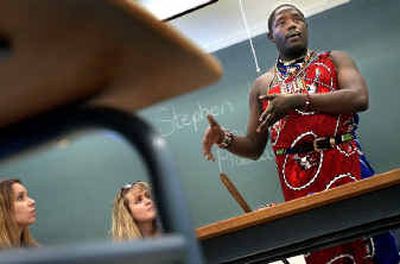 Kenyan Steve Kaputa of the Maasai tribe talks to SFCC students about the problem of female genital mutilation in his culture Thursday morning. Kenyan Steve Kaputa of the Maasai tribe talks to SFCC students about the problem of female genital mutilation in his culture Thursday morning.
(Brian Plonka/Brian Plonka/ / The Spokesman-Review)