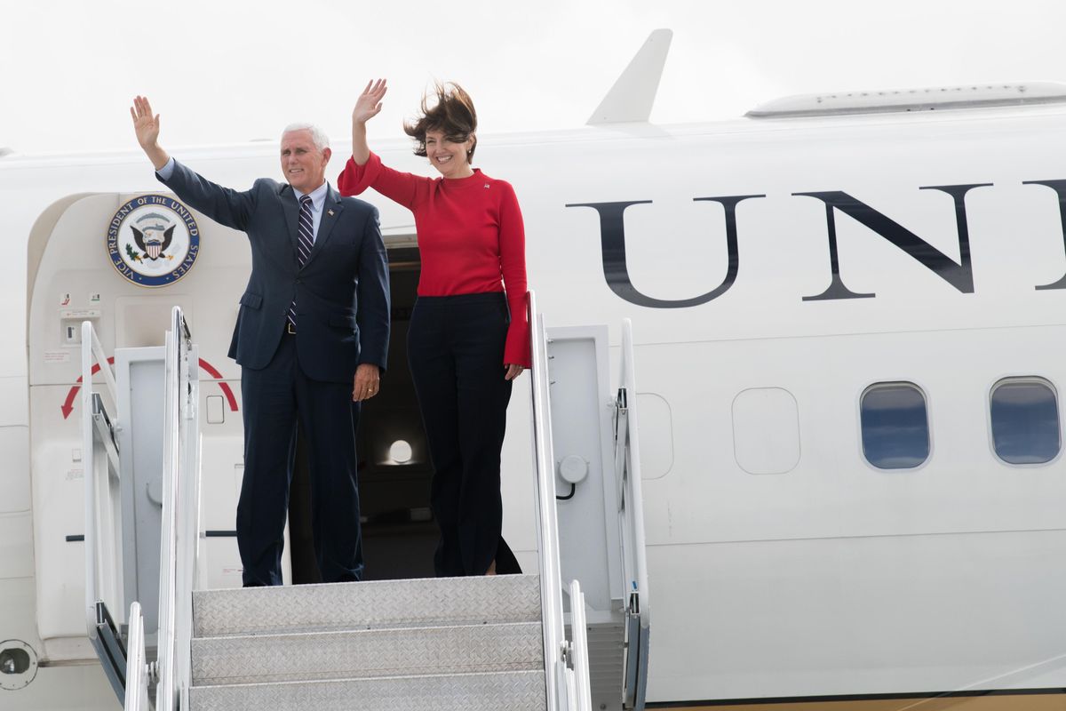 Vice President Mike Pence exits Air Force Two after visiting with Cathy McMorris Rodgers on Tuesday, Oct. 2, 2018, at the Spokane International Airport in Spokane, Wash. (Tyler Tjomsland / The Spokesman-Review)