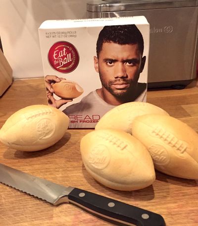 Russell Wilson’s “Eat the Ball” football-shaped bread rolls. (Doug Clark)