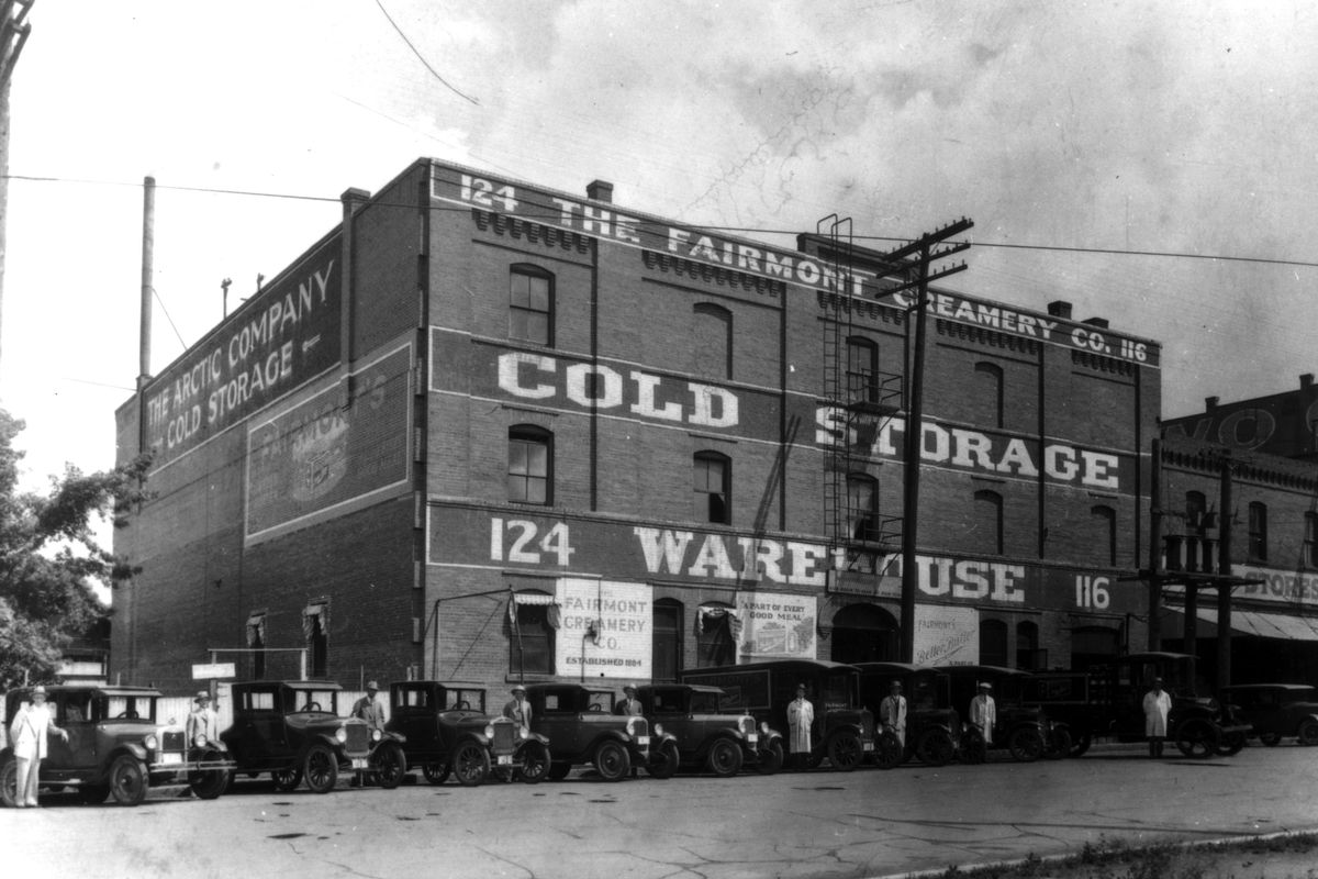 1927: Fairmont Creamery manufactured butter and other dairy products in Spokane for more than 20 years. The leased building was one of several cold storage warehouses built along the railroad tracks on the east end of downtown to hold perishable foods and make ice. The refrigeration equipment was taken out in the mid-1960s when Sylvan Dreifus turned the building into a warehouse for Sylvan Furniture. (Libby Collection/The Eastern Washington Historical Society)