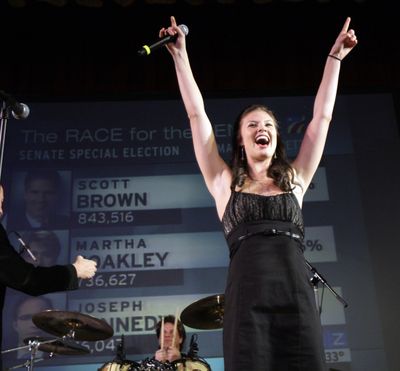 Ayla Brown, daughter of Massachusetts State Sen. Scott Brown, R-Wrentham, celebrates Brown's U.S. Senate special election victory for the U.S. Senate seat left vacant by the death of Sen. Edward Kennedy in Boston, Tuesday, Jan. 19, 2010. Brown beat Massachusetts Attorney General Martha Coakley, a Democrat, and Joseph L. Kennedy, a Libertarian running as an independent and not related to the late Sen. Kennedy. (Elise Amendola / Associated Press)