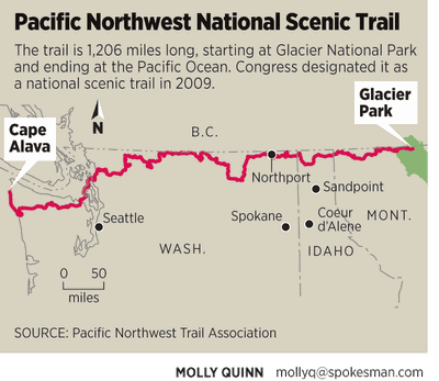 The Pacific Northwest Trail is a route that combines existing trails, roads and some cross-country travel.