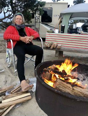 We're on the California coast, staying warm by the blazing beach fire. (Leslie Kelly)