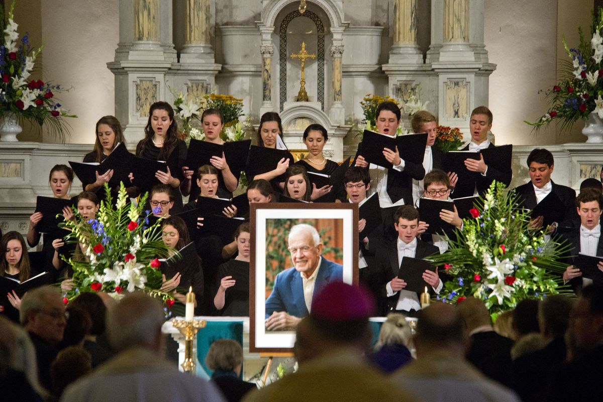 The Gonzaga University Concert Choir sings “Calling My Children Home” at the start of the Tom Foley memorial service on Friday at St. Aloysius Church on the Gonzaga campus. Foley, the Spokane native and former speaker of the House, died Oct. 18 in Washington, D.C. (Dan Pelle)