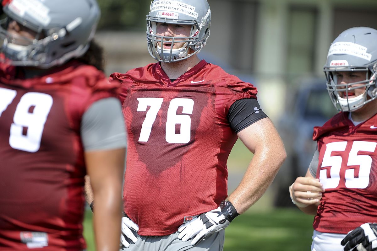 WSU offensive lineman Cody O’Connell (76) has impressed coaches with his ability to get downfield. (Tyler Tjomsland / The Spokesman-Review)