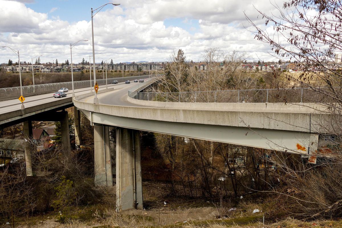The northbound on-ramp curves onto the Maple Street Bridge, shown Tuesday, March 26, 2019. With a 40-mph speed limit on the bridge, cars merging into bridge traffic have caused several accidents over the years. (Jesse Tinsley / The Spokesman-Review)