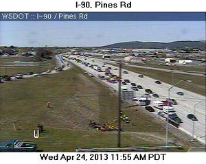 A rollover wreck has been reported on I-90 near the Pines exit.  (WSDOT traffic camera)