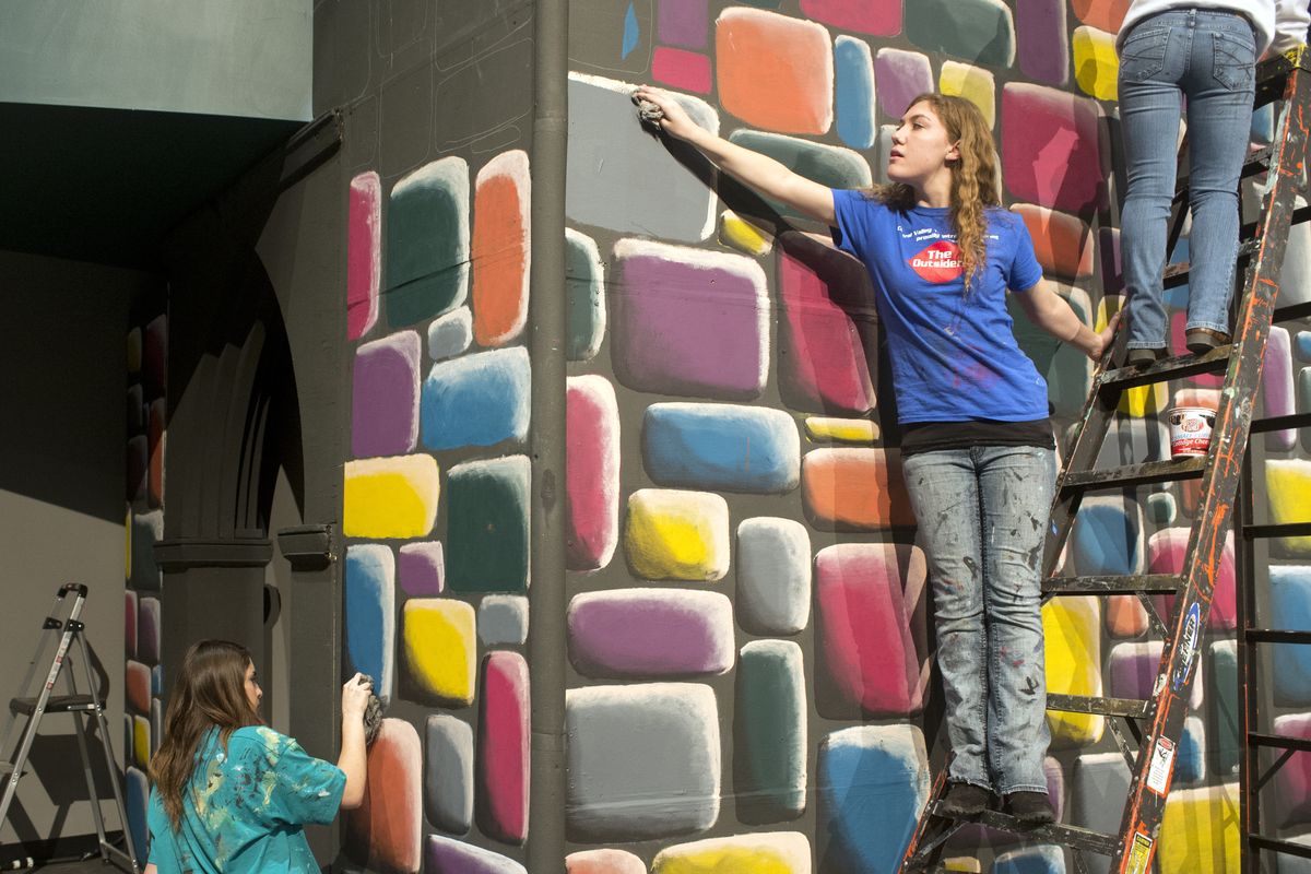 Sam Spratt, left, and Rachel Butler paint sets for the upcoming production of “Once Upon a Mattress” at Central Valley High School on Feb. 13. The CVHS theater program is one of few in the state offering career or technical credits for work done in the theater program. “Once Upon a Mattress” opens March 20. (Jesse Tinsley)